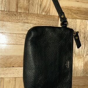 Fossil Black Pebbled Leather Wristlet with Gold Accents